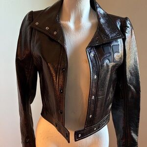 Women's Black Patent Leather Cropped Jacket with Embossed Logo